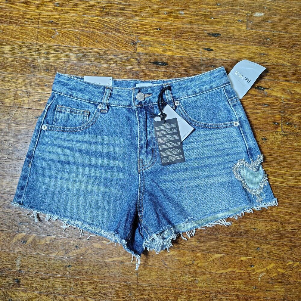 Y2K Inspired Cut Off Denim Shorts Bling Embellishment Cut Out Heart Sz 24/T648